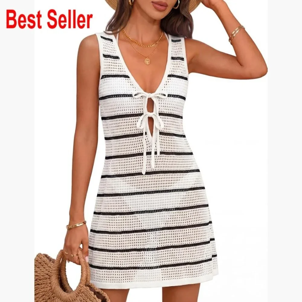 Crochet Swimsuit Coverup Tie Front Bathing Suit Cover Up Dress